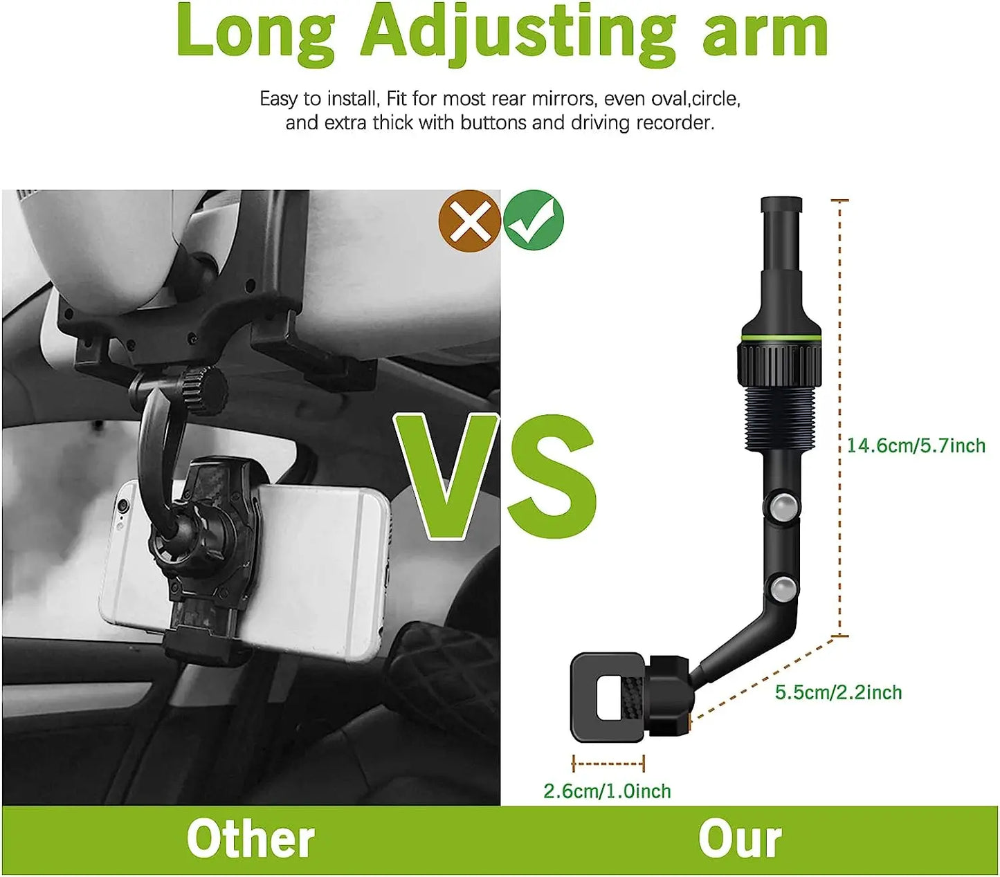 Rearview Mirror Phone Holder, 360° Rotatable and Retractable Car Phone Mount, Multifunctional Rear View Mirror Holder for All C