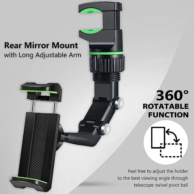 Rearview Mirror Phone Holder, 360° Rotatable and Retractable Car Phone Mount, Multifunctional Rear View Mirror Holder for All C