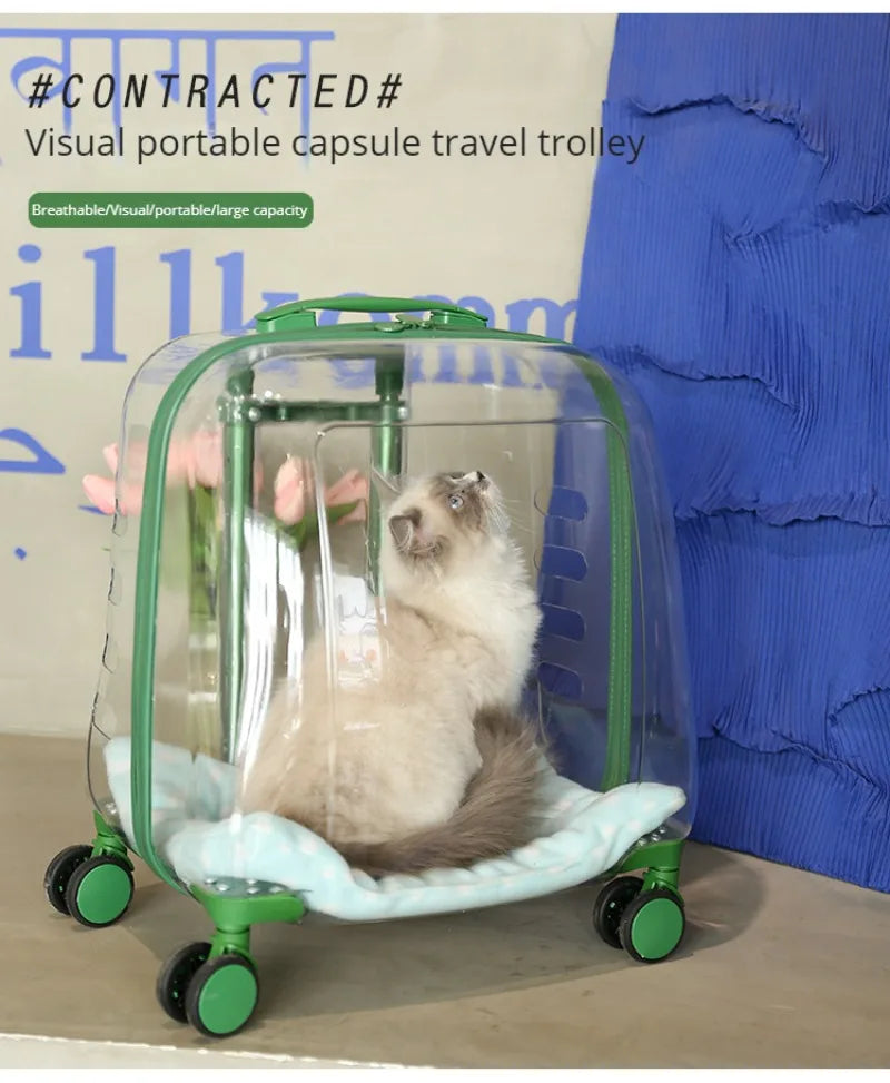 Transparent Cat Luggage Trolley Case Portable Backpack Large Transport Box Silent Wheel Dog Travel Bag Breathable Box