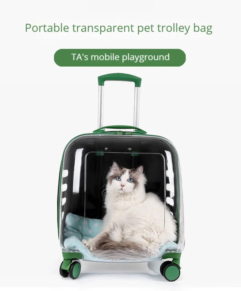 Transparent Cat Luggage Trolley Case Portable Backpack Large Transport Box Silent Wheel Dog Travel Bag Breathable Box