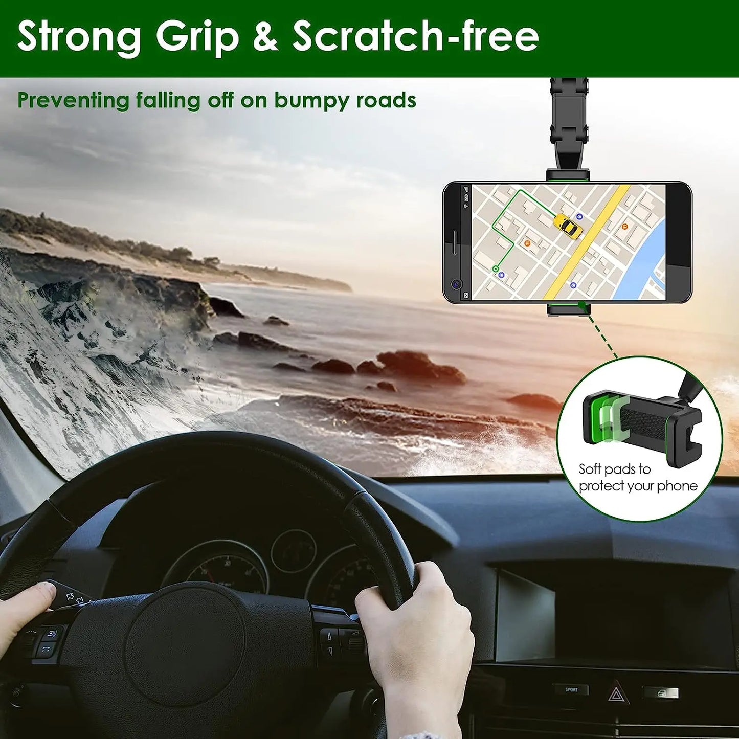 Rearview Mirror Phone Holder, 360° Rotatable and Retractable Car Phone Mount, Multifunctional Rear View Mirror Holder for All C