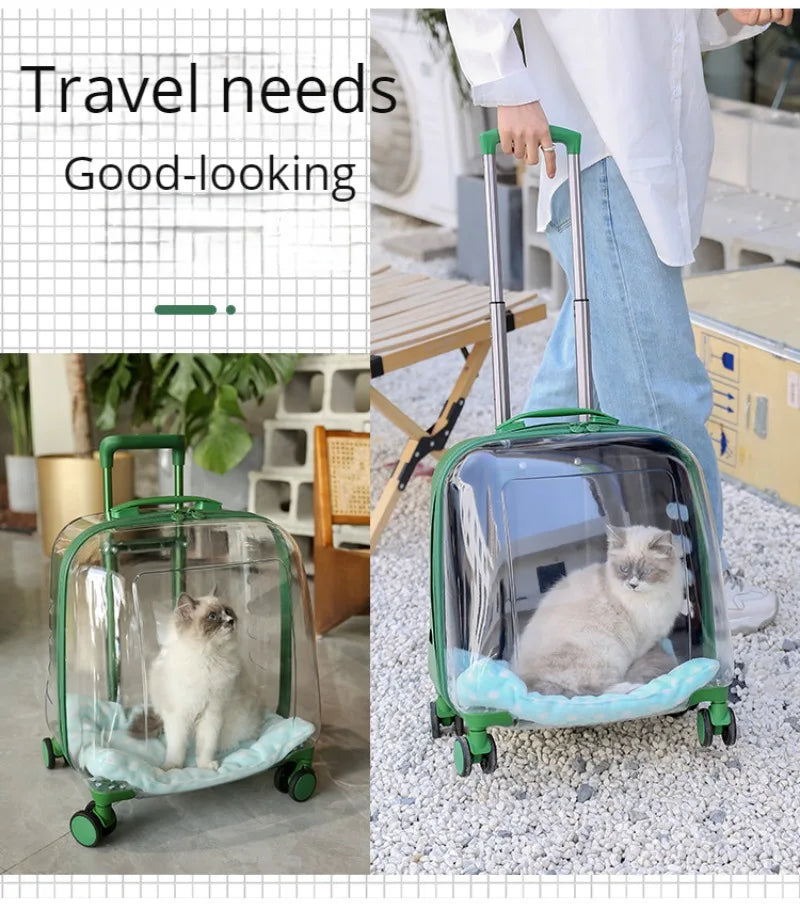 Transparent Cat Luggage Trolley Case Portable Backpack Large Transport Box Silent Wheel Dog Travel Bag Breathable Box