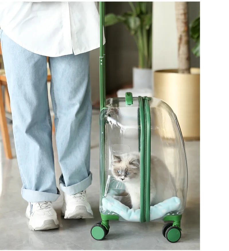 Transparent Cat Luggage Trolley Case Portable Backpack Large Transport Box Silent Wheel Dog Travel Bag Breathable Box