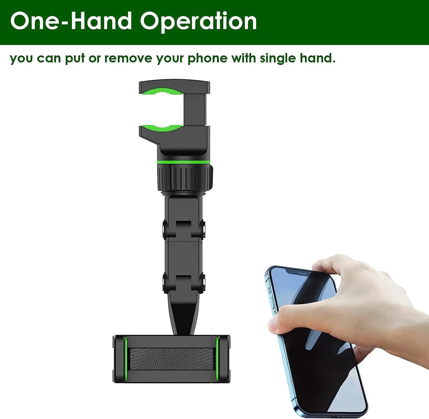 Rearview Mirror Phone Holder, 360° Rotatable and Retractable Car Phone Mount, Multifunctional Rear View Mirror Holder for All C