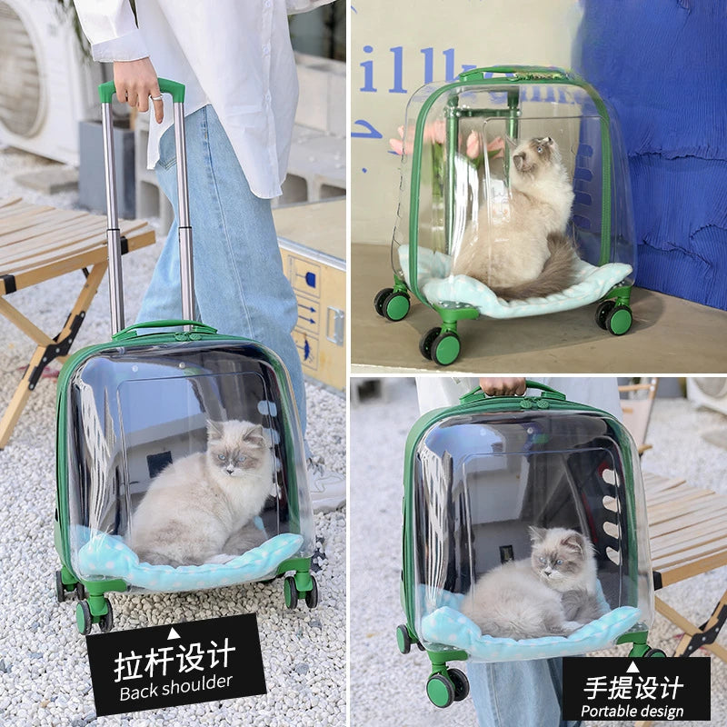 Transparent Cat Luggage Trolley Case Portable Backpack Large Transport Box Silent Wheel Dog Travel Bag Breathable Box