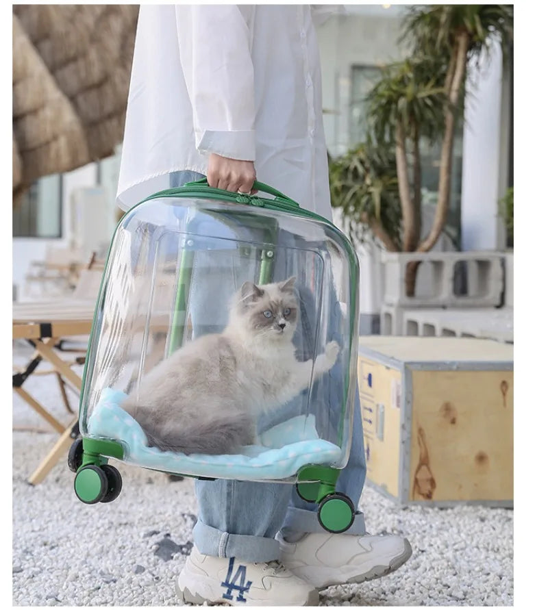 Transparent Cat Luggage Trolley Case Portable Backpack Large Transport Box Silent Wheel Dog Travel Bag Breathable Box