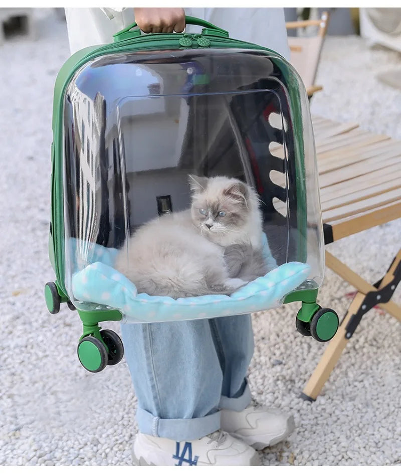 Transparent Cat Luggage Trolley Case Portable Backpack Large Transport Box Silent Wheel Dog Travel Bag Breathable Box