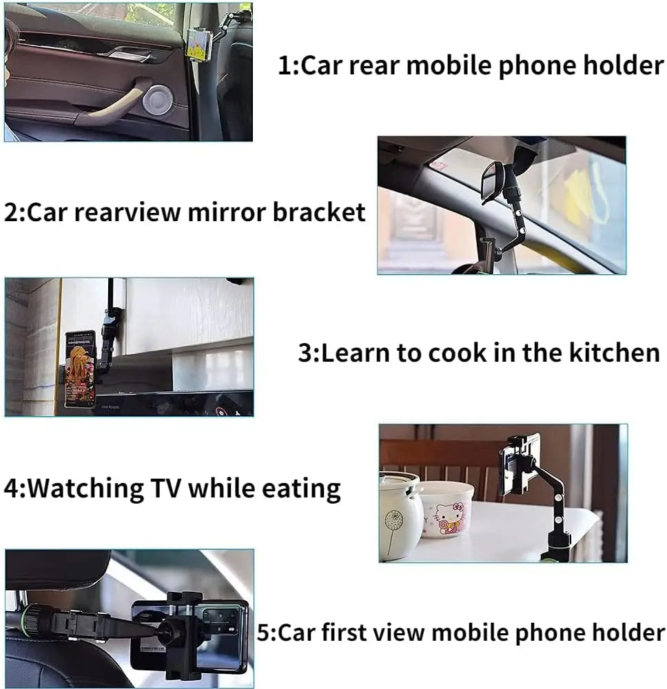 Rearview Mirror Phone Holder, 360° Rotatable and Retractable Car Phone Mount, Multifunctional Rear View Mirror Holder for All C